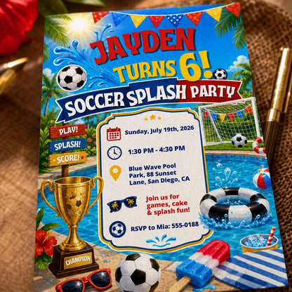 Soccer Splash 6th Birthday Invitation for Boys — digital invitation, instant download