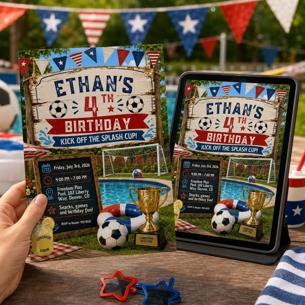 Soccer Splash Cup 4th Birthday Invitation for Boys — patriotic and pool design