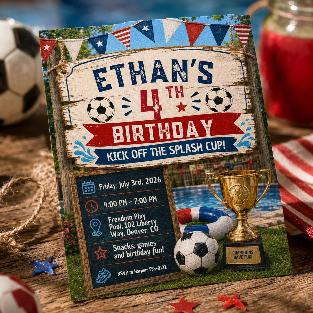 Soccer Splash Cup 4th Birthday Invitation for Boys — invitation you personalize in Canva