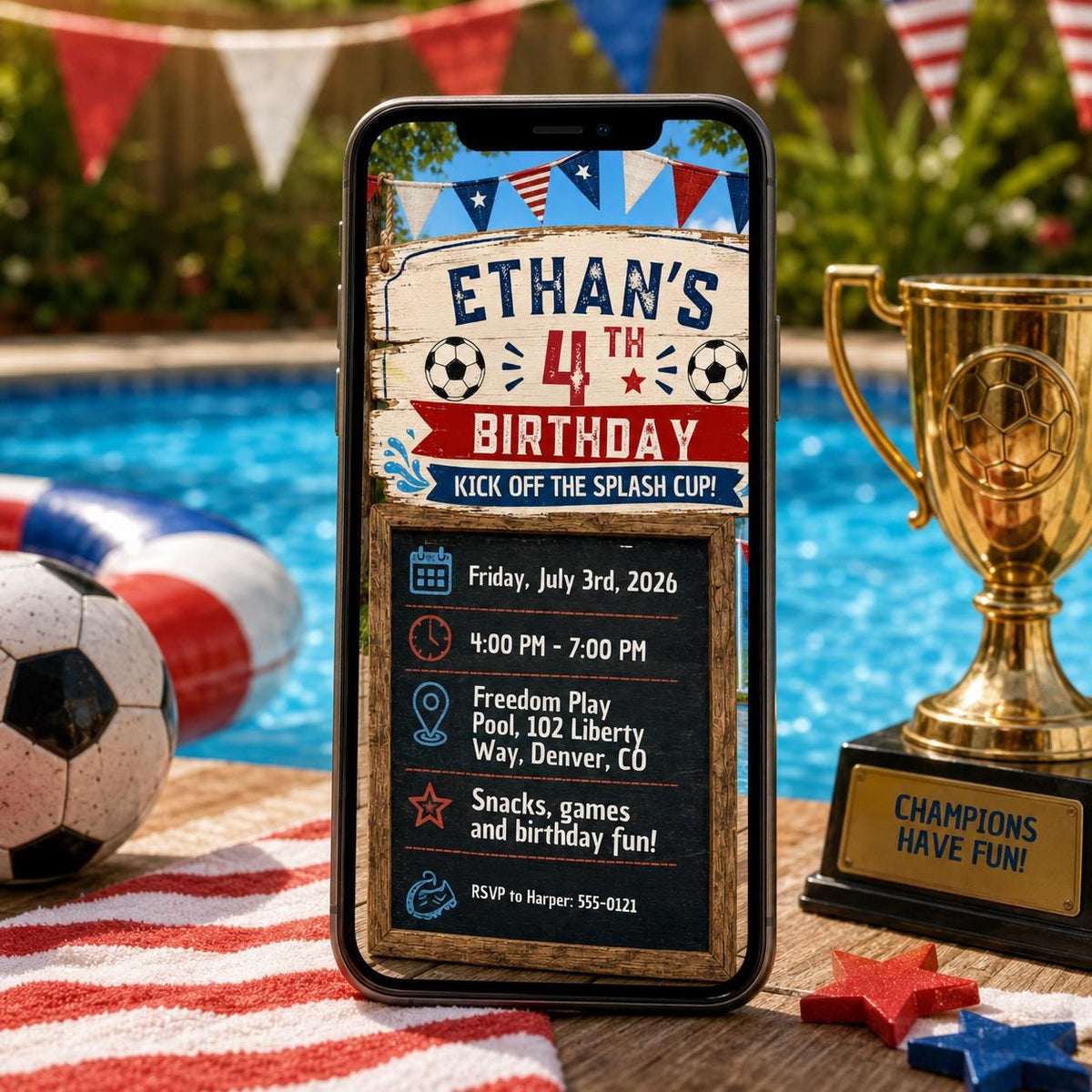 Soccer Splash Cup 4th Birthday Invitation for Boys — print-ready 4th birthday party design from VoltBy