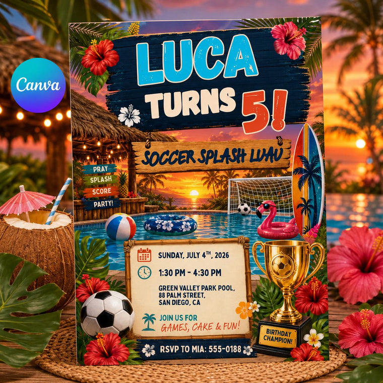 Soccer Splash Luau 5th Birthday Invitation for Boys