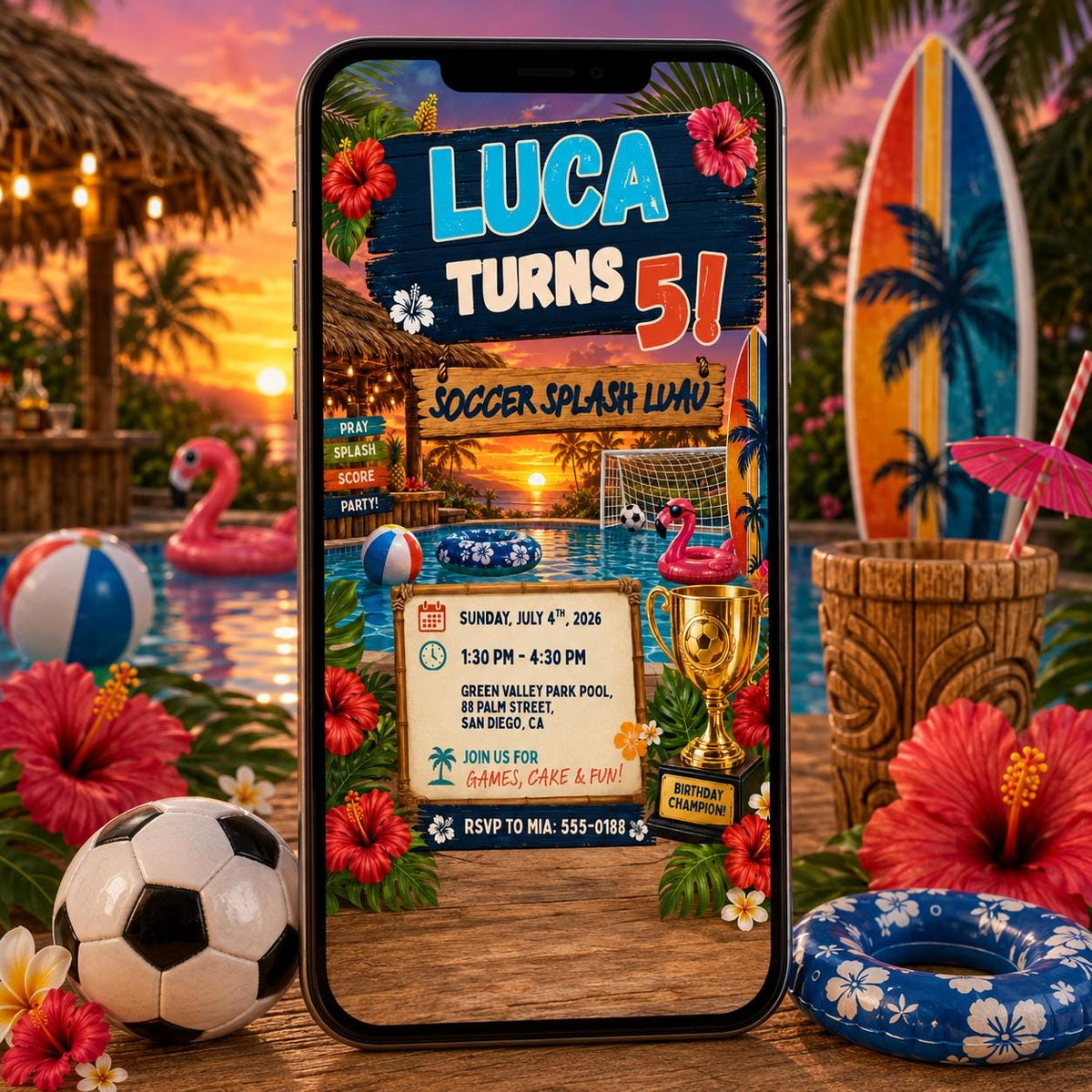 Soccer Splash Luau 5th Birthday Invitation for Boys — invitation you personalize in Canva
