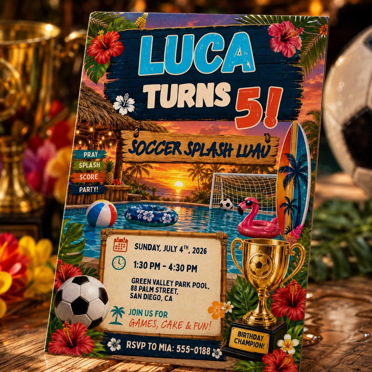 Soccer Splash Luau 5th Birthday Invitation for Boys — print-ready 5th birthday party design from VoltBy