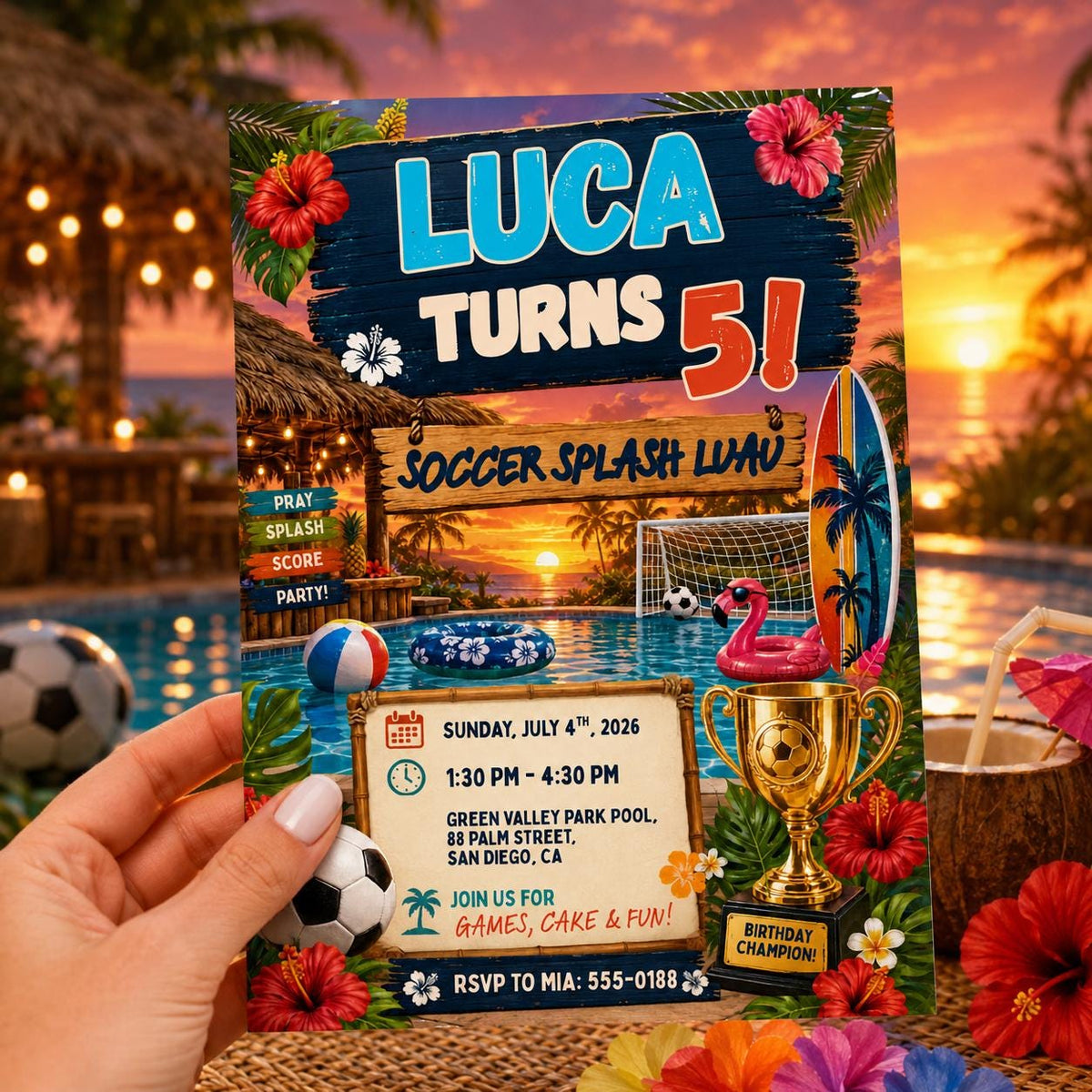 Soccer Splash Luau 5th Birthday Invitation for Boys — digital invitation, instant download