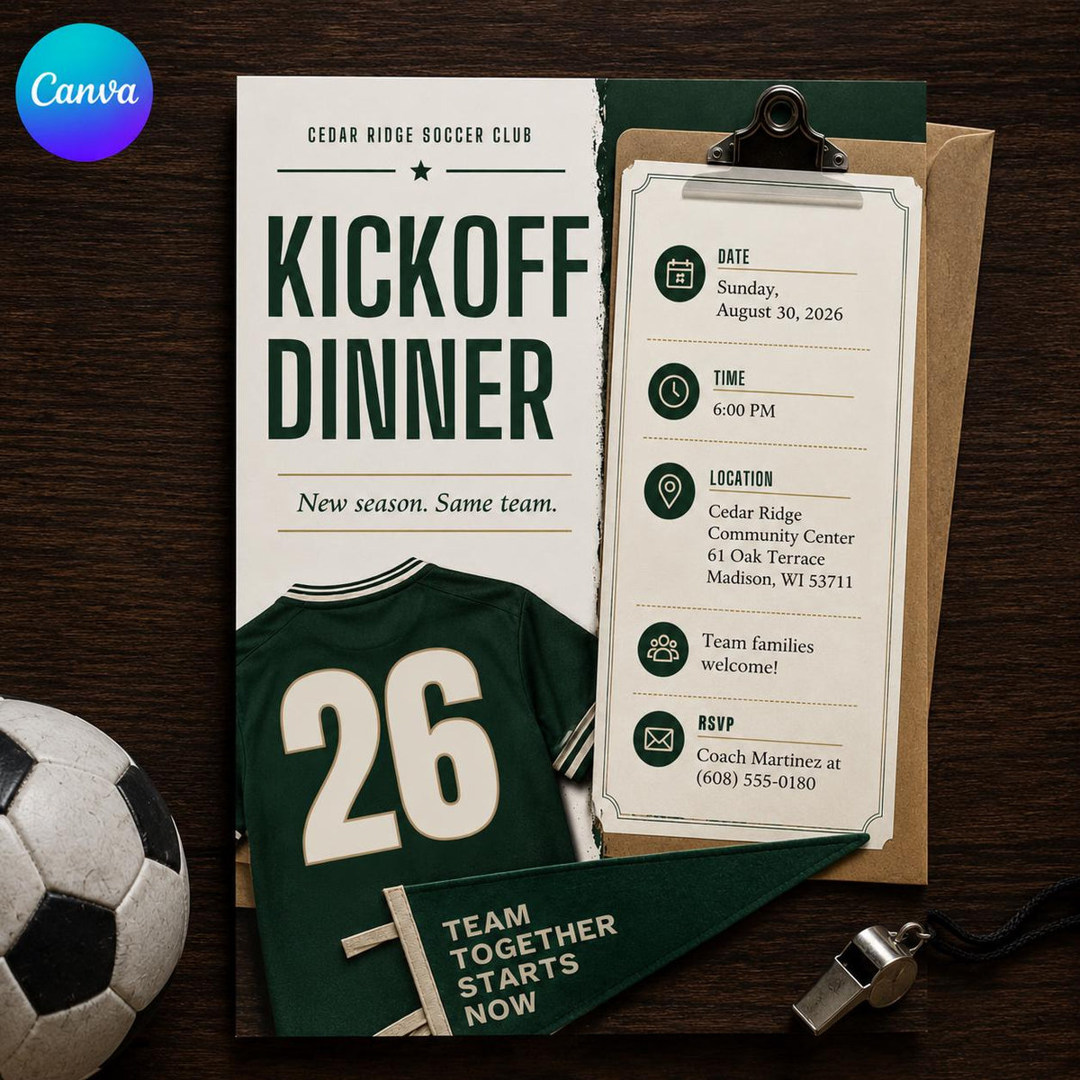 Soccer Team Dinner Invitation — editable Canva template
