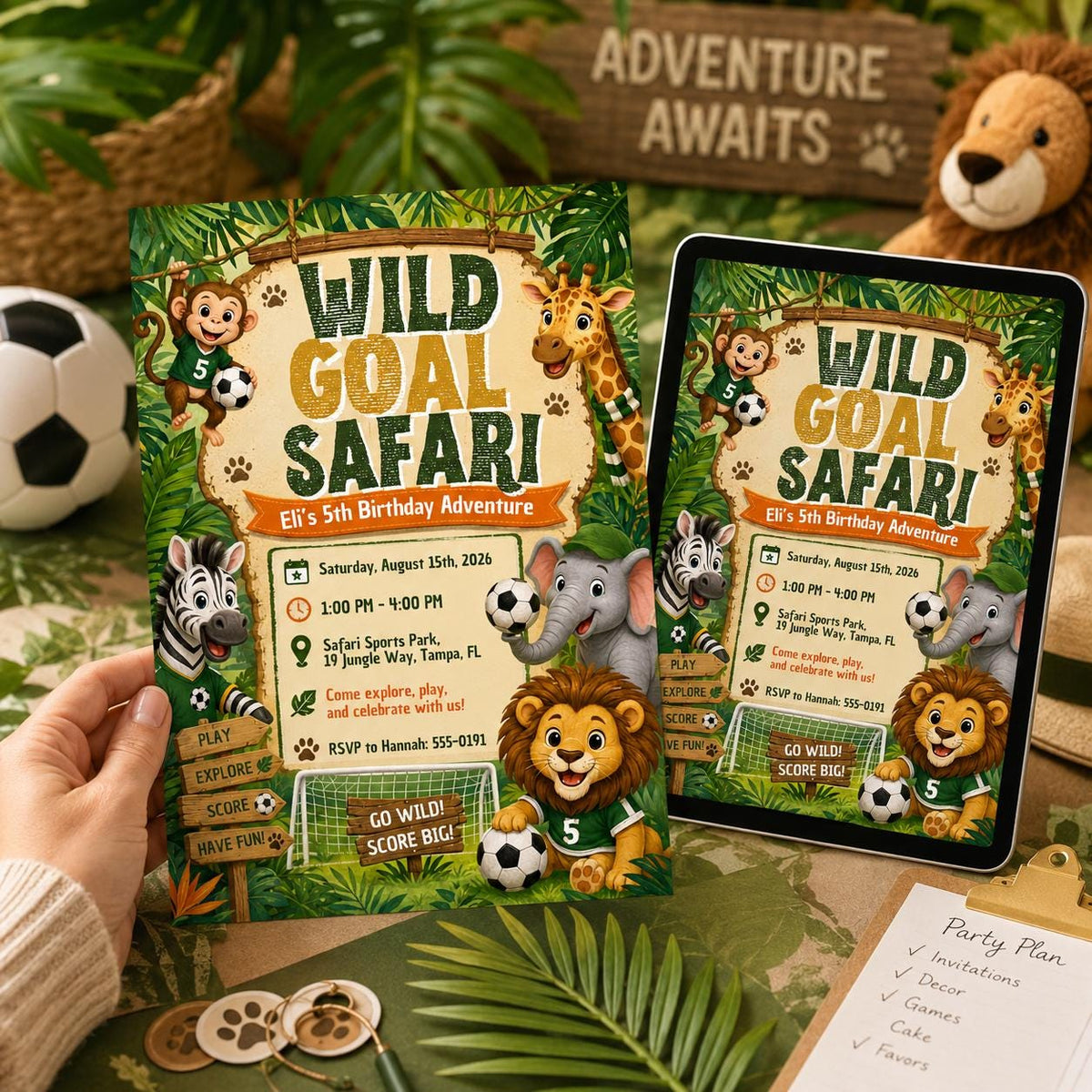 Soccer Wild Goal Safari 5th Birthday Invitation for Boys — invitation you personalize in Canva