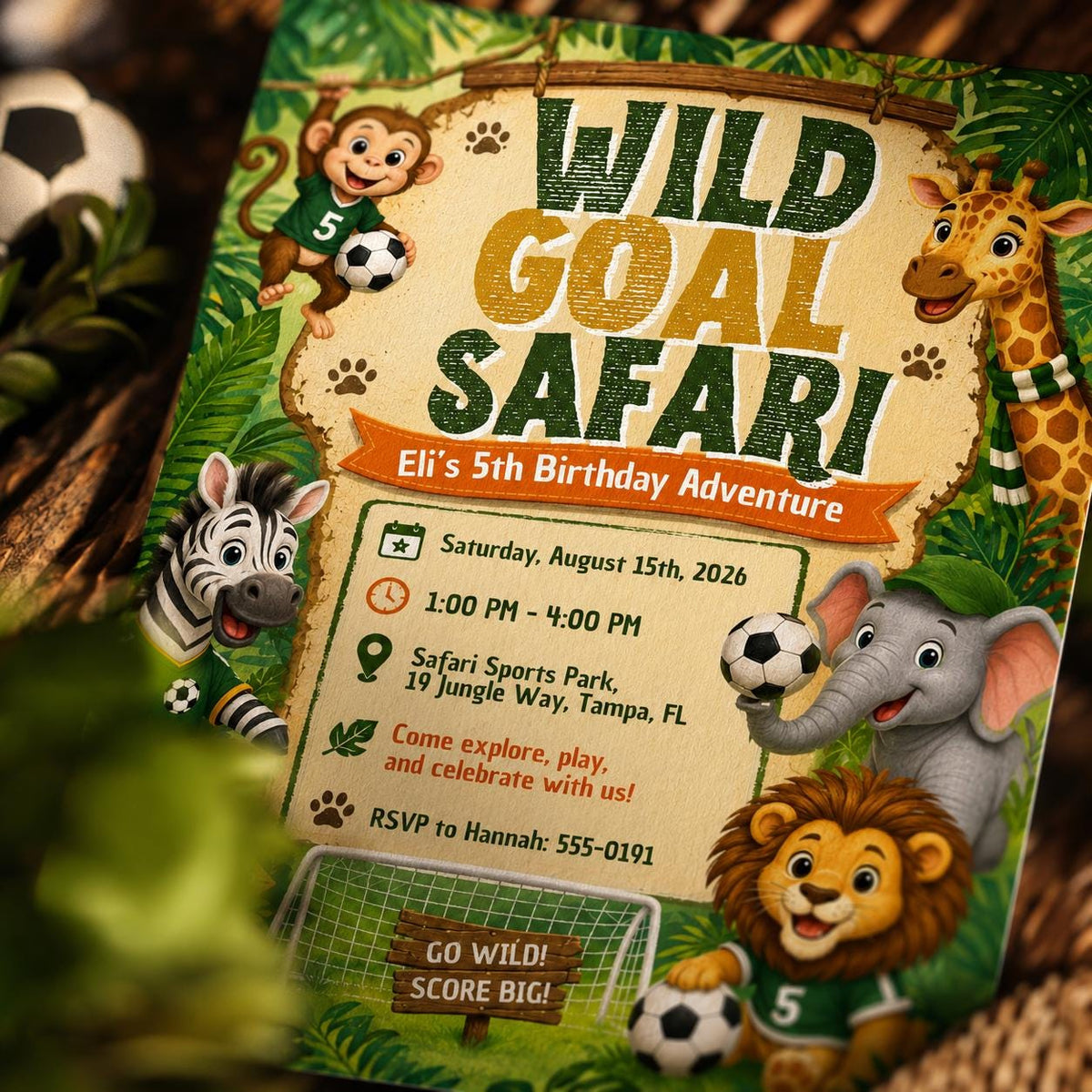 Soccer Wild Goal Safari 5th Birthday Invitation for Boys — digital invitation, instant download