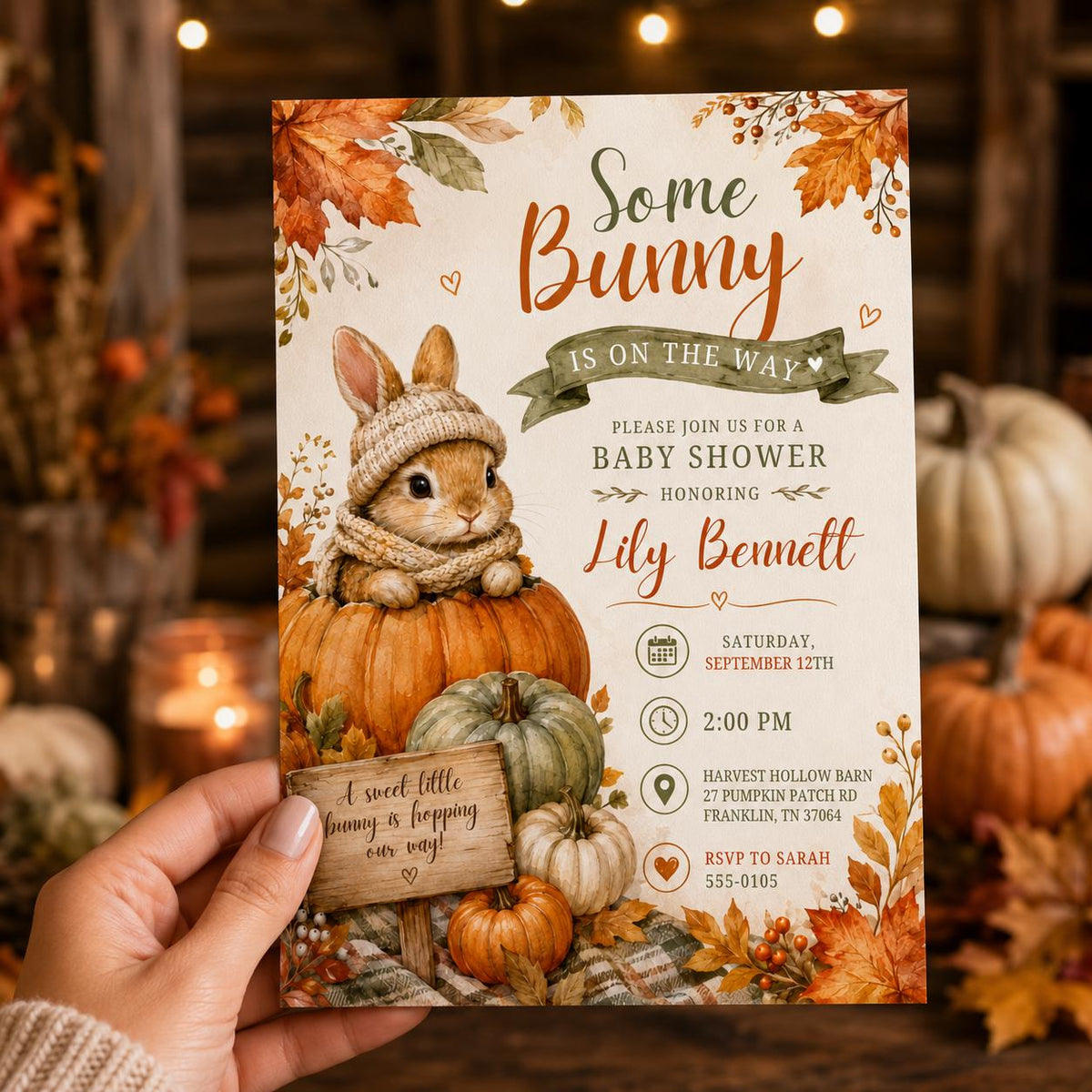 Some Bunny Is on the Way Baby Shower Invitation — pumpkin design