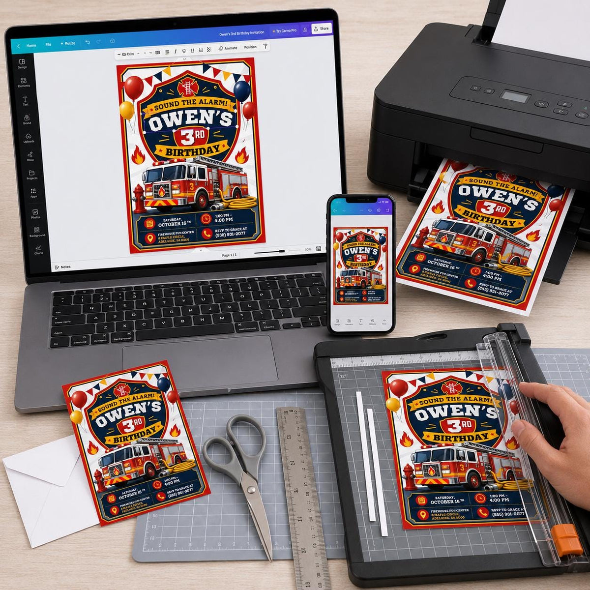 Sound the Alarm Fire Truck 3rd Birthday Invitation — balloon design