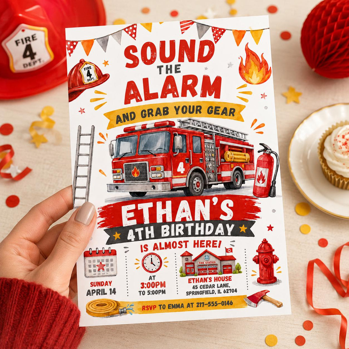 Sound the Alarm Fire Truck 4th Birthday Invitation with Ladder — design view 5
