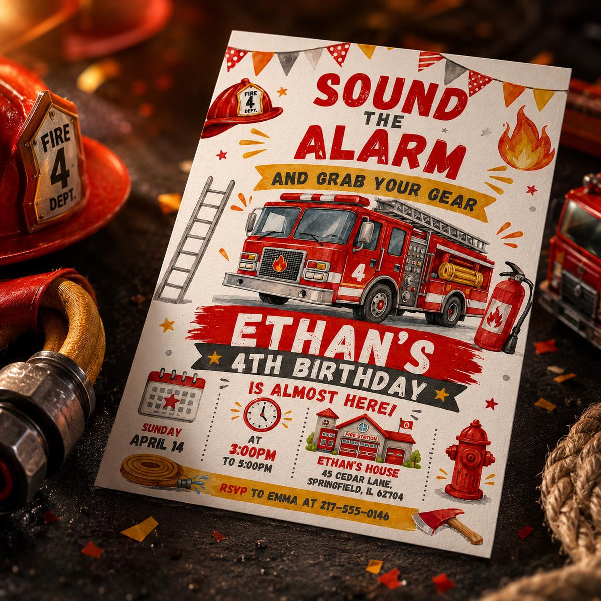 Sound the Alarm Fire Truck 4th Birthday Invitation with Ladder — design view 6