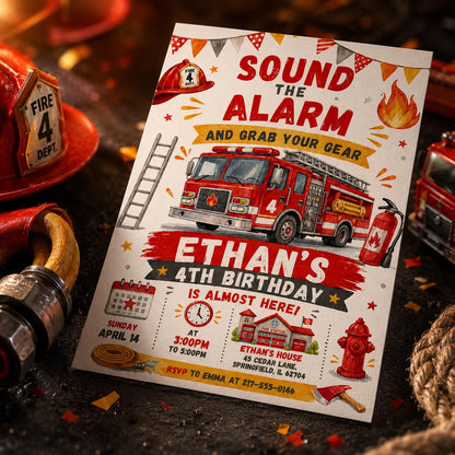 Sound the Alarm Fire Truck 4th Birthday Invitation with Ladder — design view 6