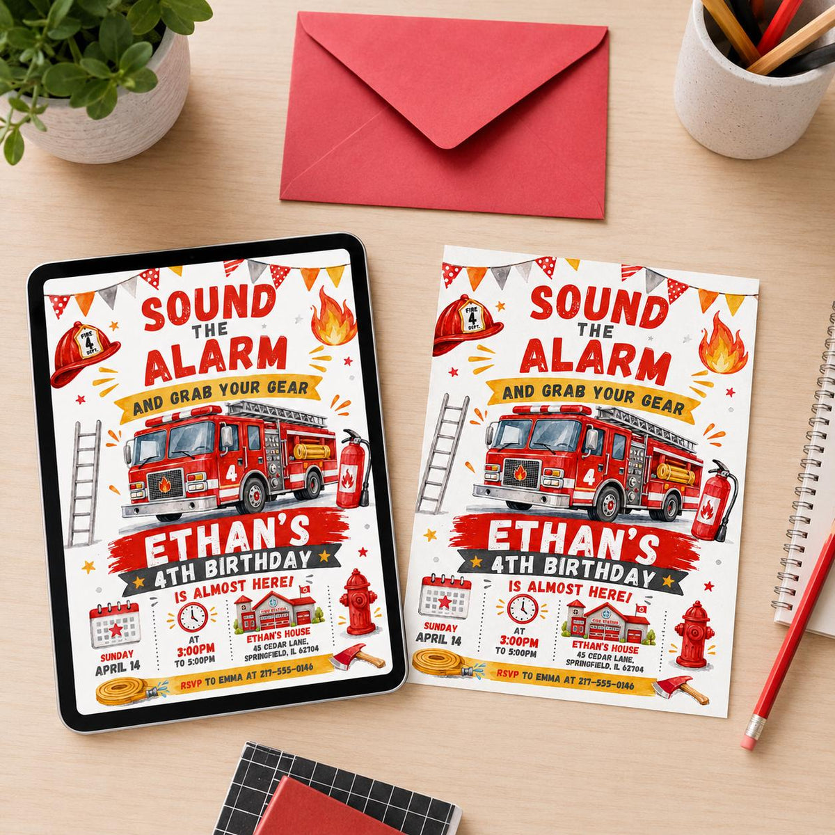 Sound the Alarm Fire Truck 4th Birthday Invitation with Ladder — design view 7
