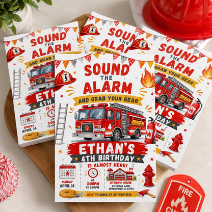 Sound the Alarm Fire Truck 4th Birthday Invitation with Ladder — design view 8