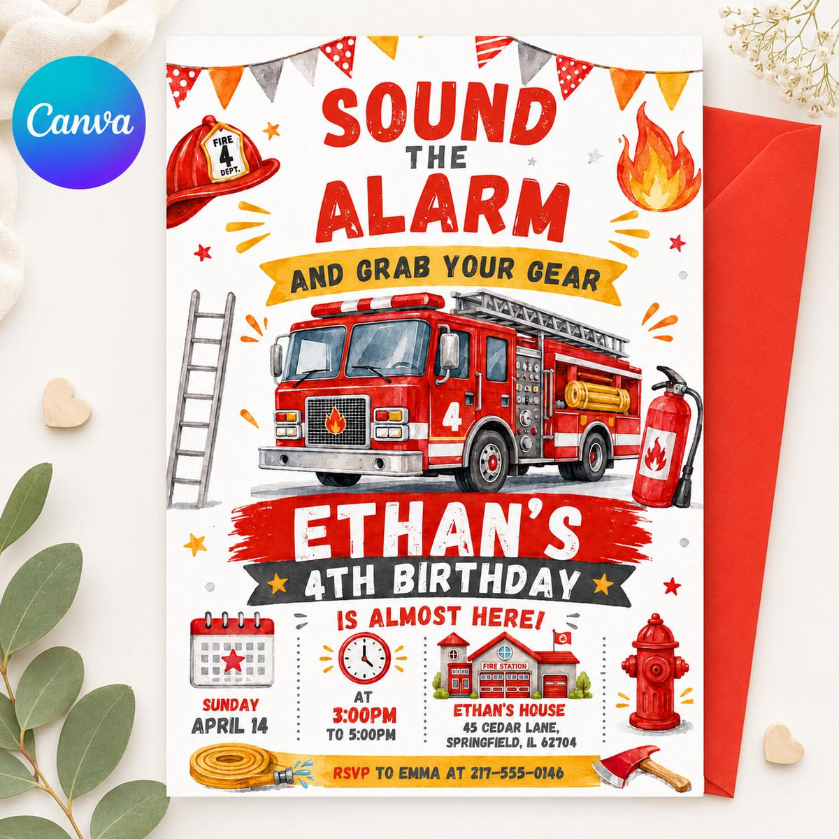 Sound the Alarm Fire Truck 4th Birthday Invitation with Ladder — design view 9