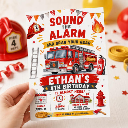 Sound the Alarm Fire Truck 4th Birthday Invitation with Ladder — design view 10