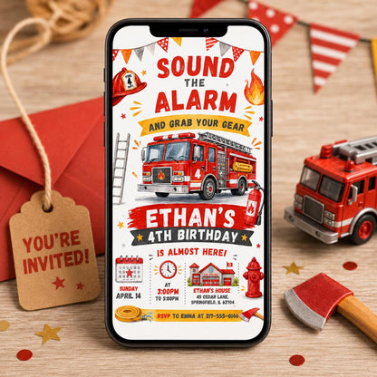 Sound the Alarm Fire Truck 4th Birthday Invitation with Ladder — invitation you personalize in Canva