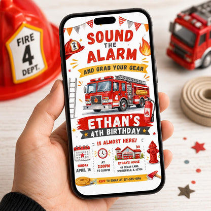Sound the Alarm Fire Truck 4th Birthday Invitation with Ladder — print-ready 4th birthday party design from VoltBy