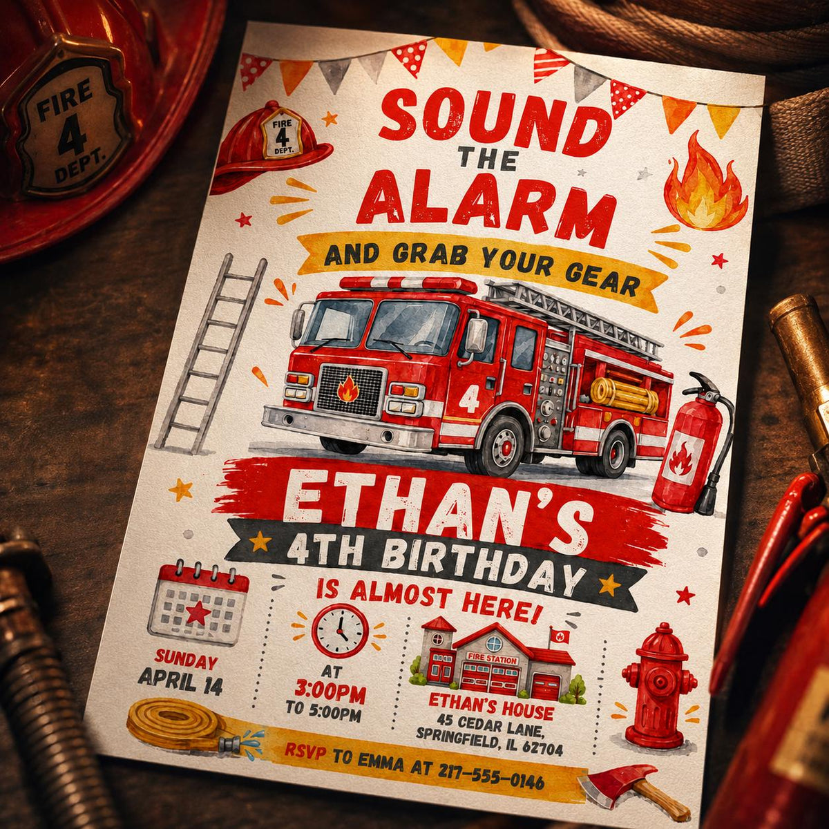 Sound the Alarm Fire Truck 4th Birthday Invitation with Ladder — digital invitation, instant download