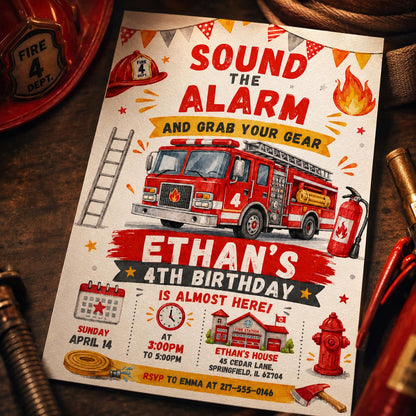 Sound the Alarm Fire Truck 4th Birthday Invitation with Ladder — digital invitation, instant download