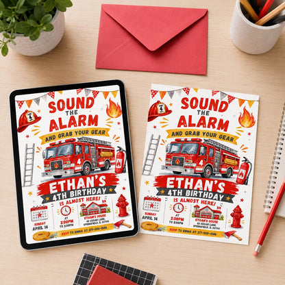 Sound the Alarm Fire Truck 4th Birthday Invitation with Ladder — red and white invitation design