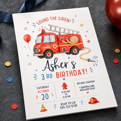 Sound the Siren Fire Truck 3rd Birthday Invitation — balloon design