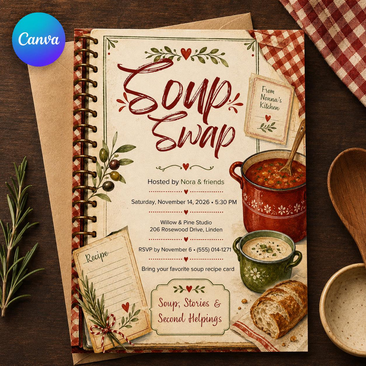 Soup Swap Invitation — editable Canva template