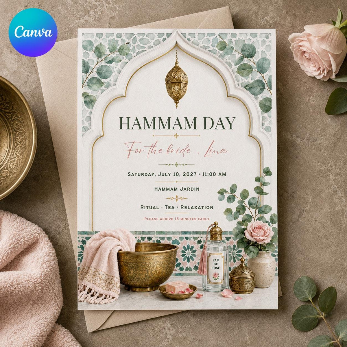 Spa Bridal Shower Invitation — editable Canva template