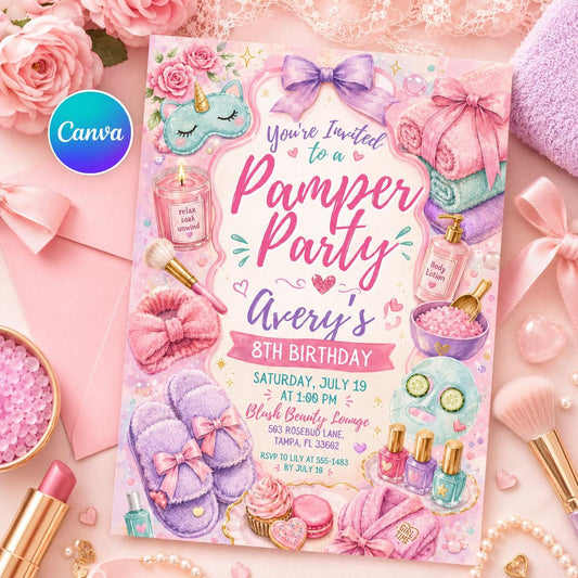 Spa Pamper Party 8th Birthday Invitation for Girls — editable Canva template