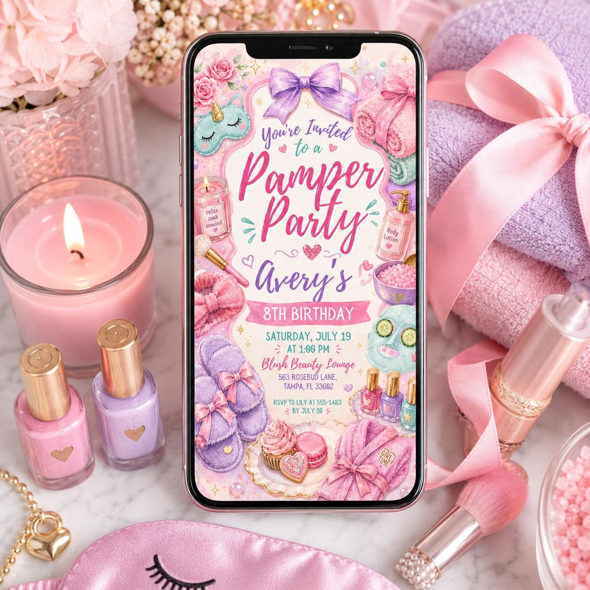 Spa Pamper Party 8th Birthday Invitation for Girls — sleepover design