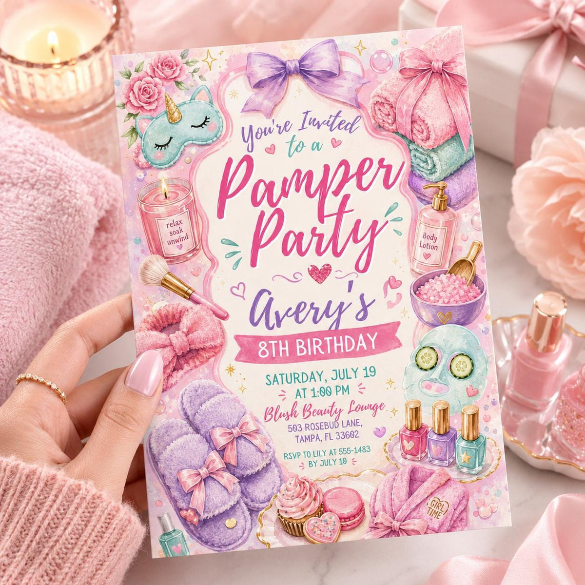 Spa Pamper Party 8th Birthday Invitation for Girls — invitation you personalize in Canva