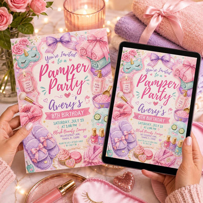 Spa Pamper Party 8th Birthday Invitation for Girls — print-ready 8th birthday party design from VoltBy