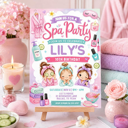 Spa Party 10th Birthday Invitation with Pamper Girls — print-ready 10th birthday party design from VoltBy