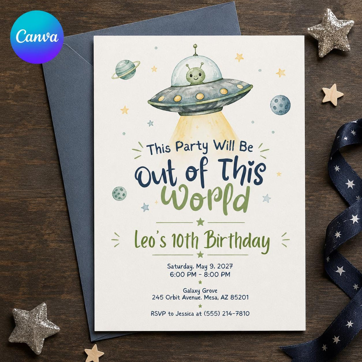 Space 10th Birthday Invitation — editable Canva template
