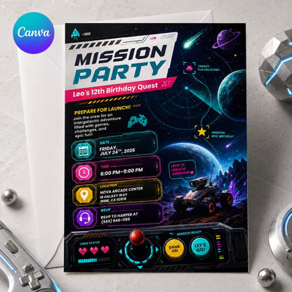 Space 12th Birthday Gamer Invitation for Boys — editable Canva template