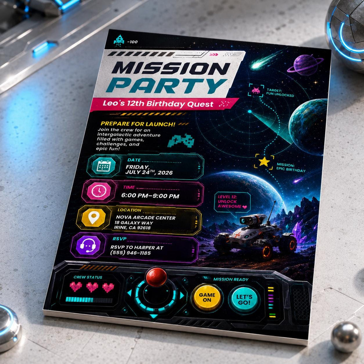 Space 12th Birthday Gamer Invitation for Boys — gaming design