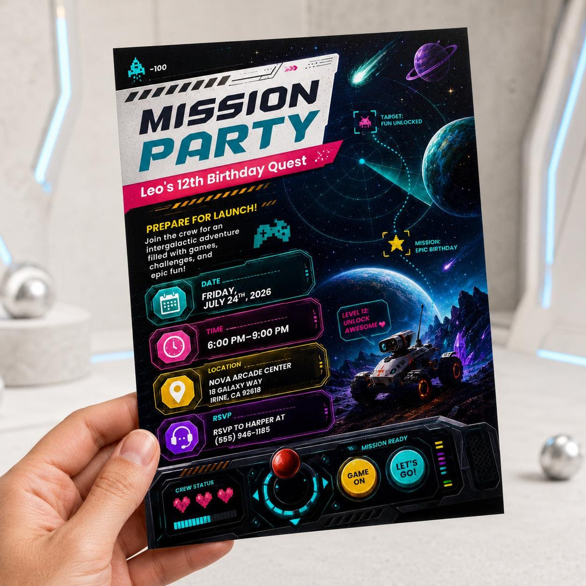Space 12th Birthday Gamer Invitation for Boys — print-ready 12th birthday party design from VoltBy