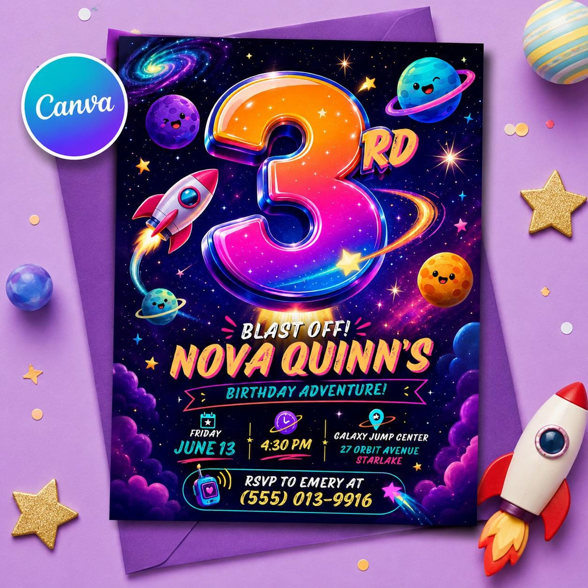Space 3rd Birthday Invitation — editable Canva template