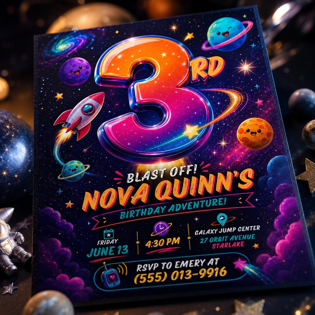 Space 3rd Birthday Invitation — print-ready 3rd birthday party design from VoltBy