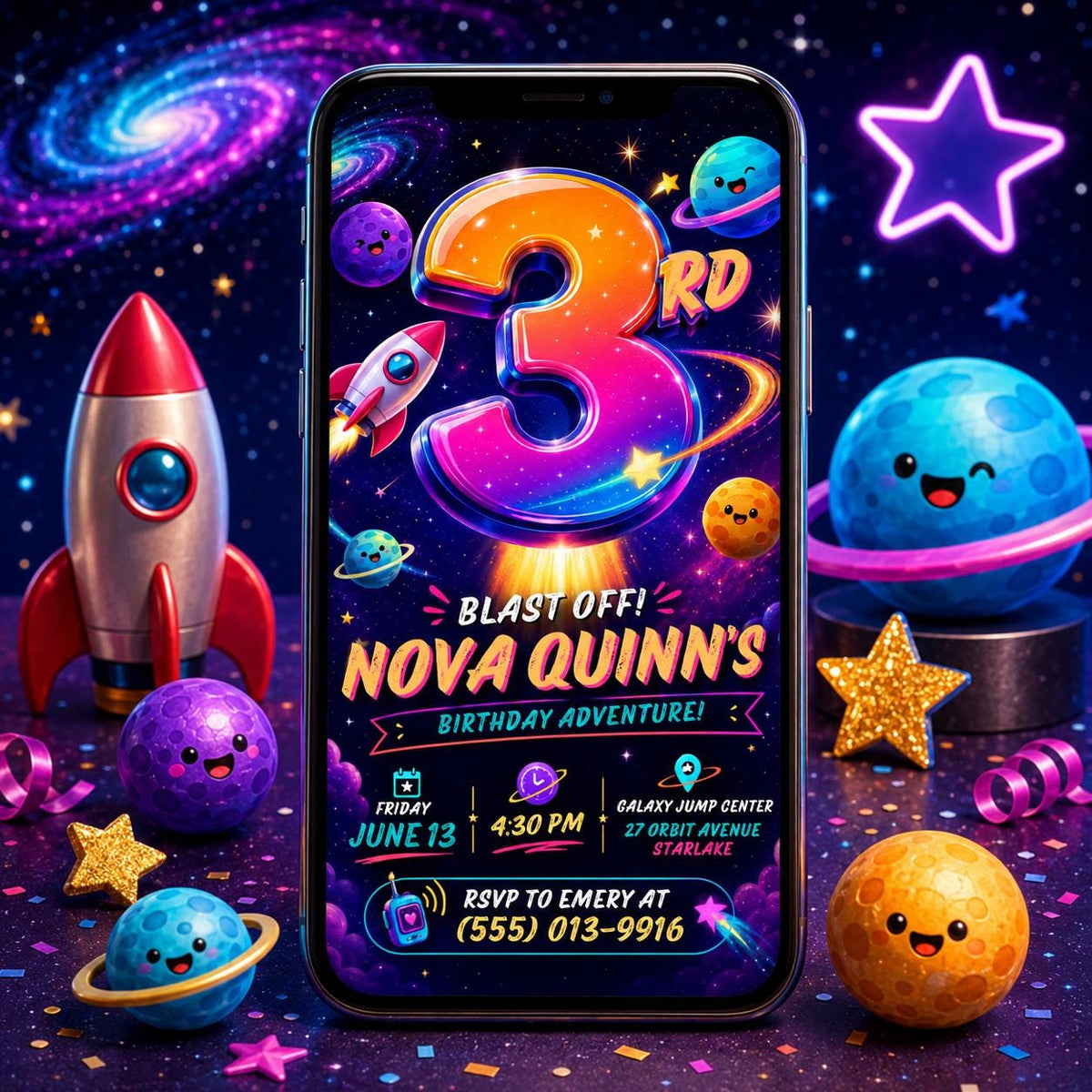 Space 3rd Birthday Invitation — digital invitation, instant download