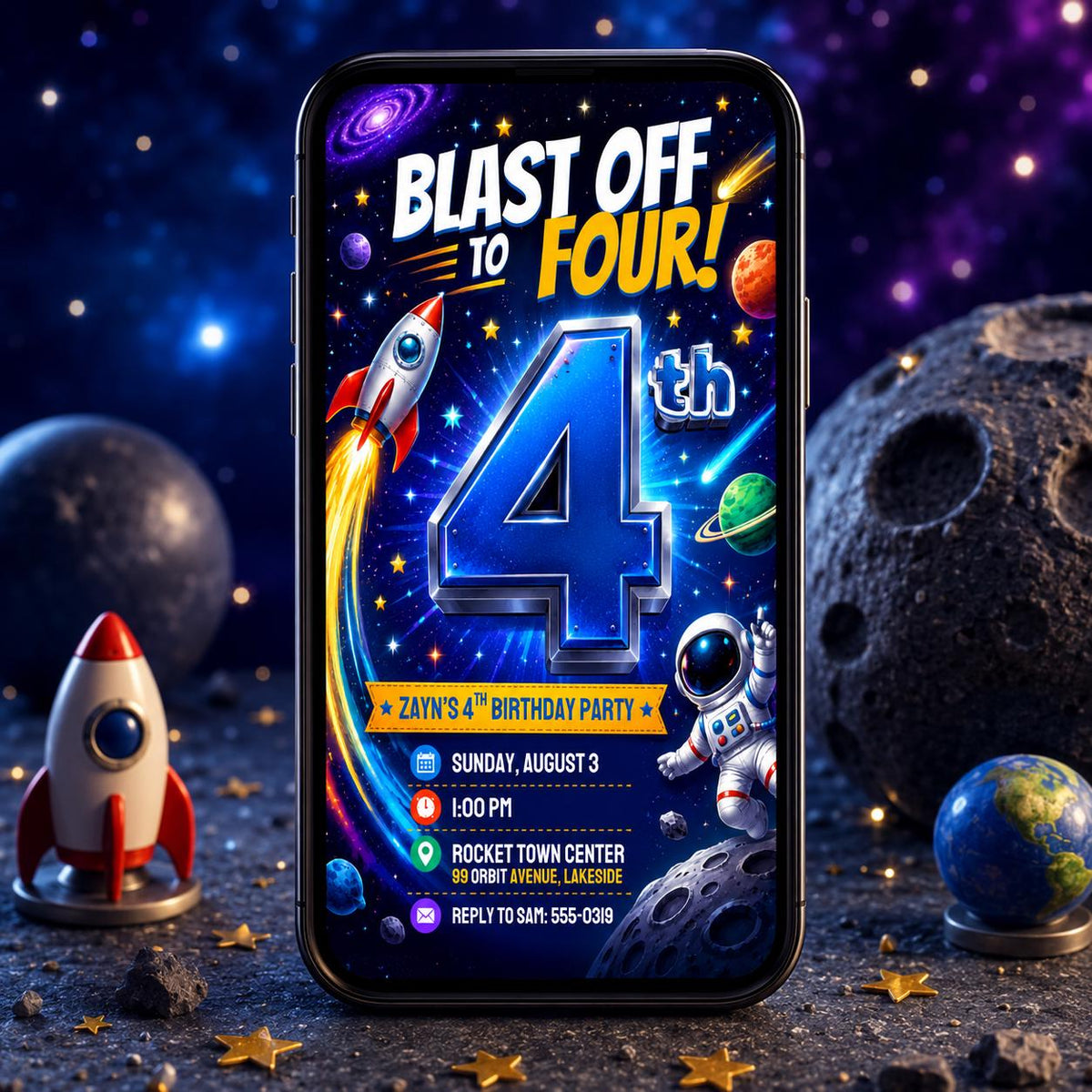 Space 4th Birthday Invitation — print-ready 4th birthday party design from VoltBy
