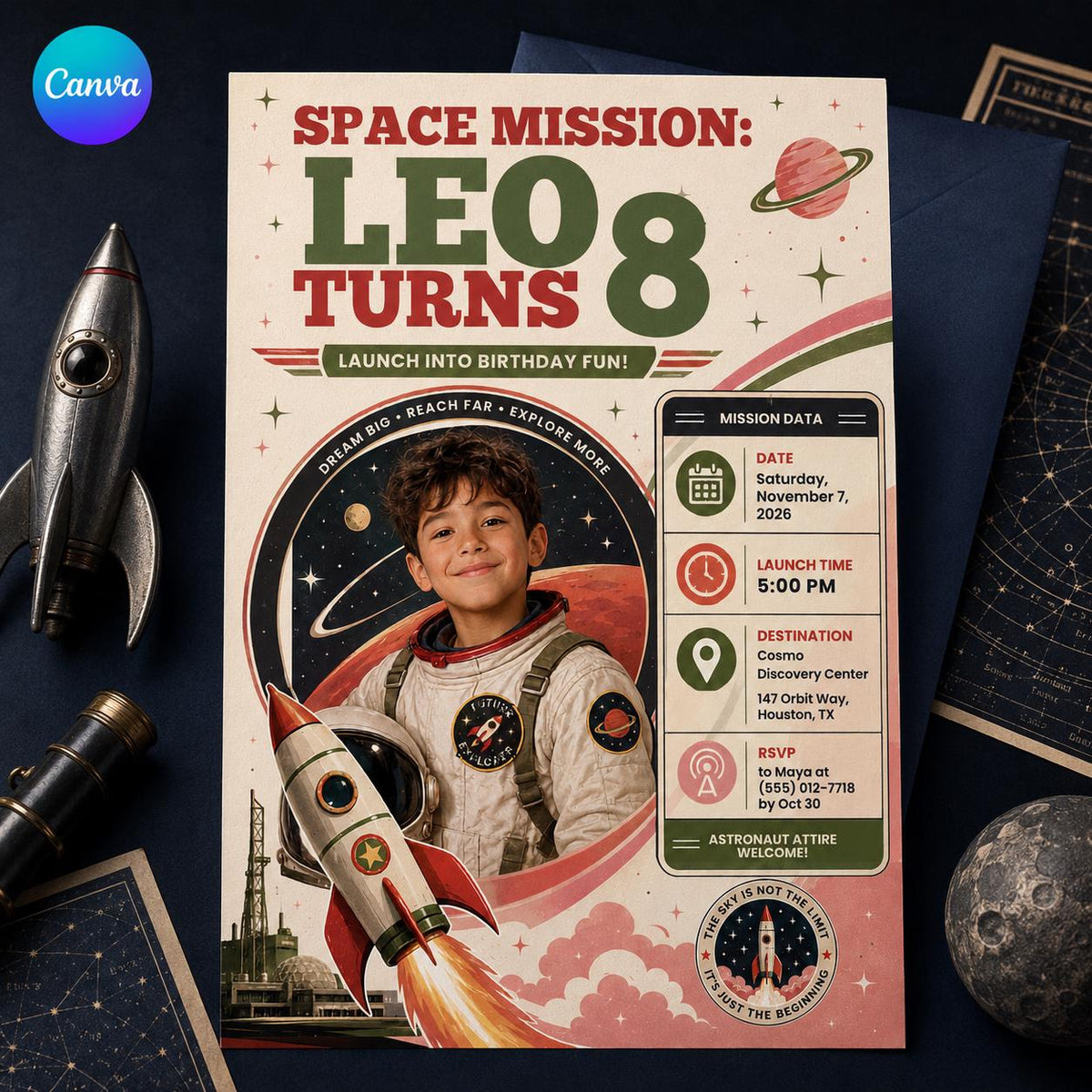 Space 8th Birthday Invitation for Boys — editable Canva template