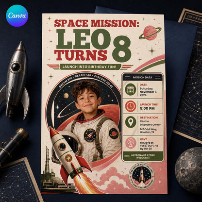 Space 8th Birthday Invitation for Boys — editable Canva template