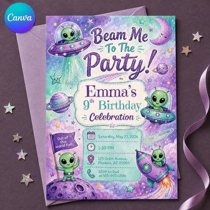 Space Alien 9th Birthday Invitation — editable Canva template