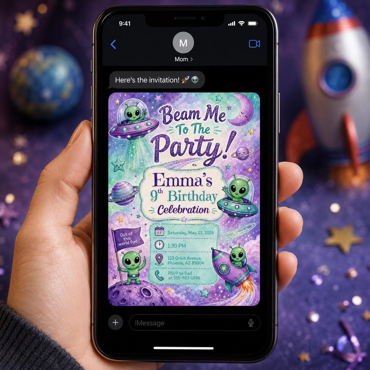 Space Alien 9th Birthday Invitation — invitation you personalize in Canva