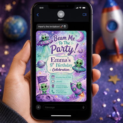 Space Alien 9th Birthday Invitation — invitation you personalize in Canva