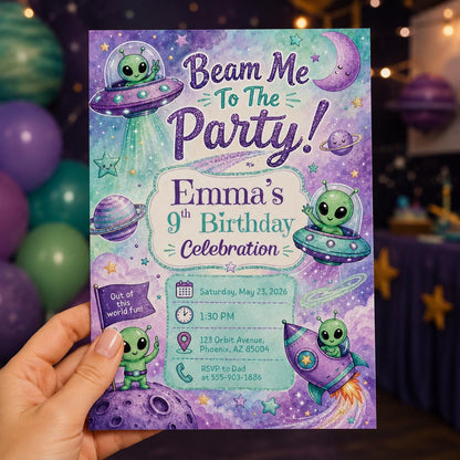 Space Alien 9th Birthday Invitation — print-ready 9th birthday party design from VoltBy
