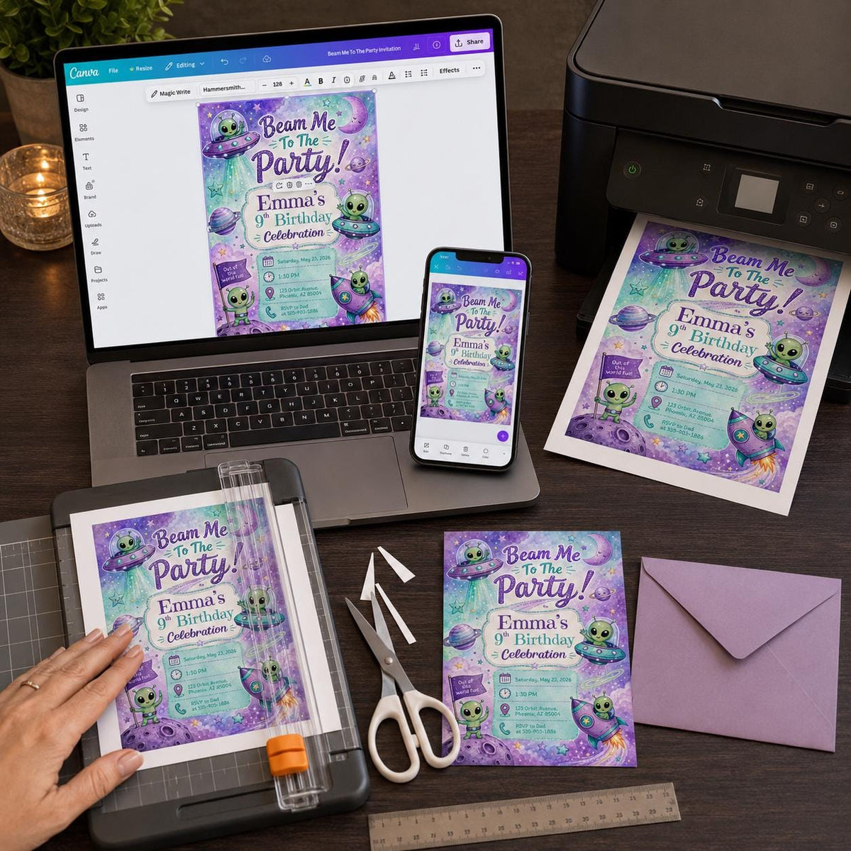 Space Alien 9th Birthday Invitation — digital invitation, instant download