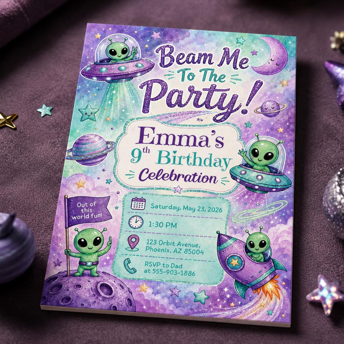 Space Alien 9th Birthday Invitation — 9th birthday party stationery by VoltBy