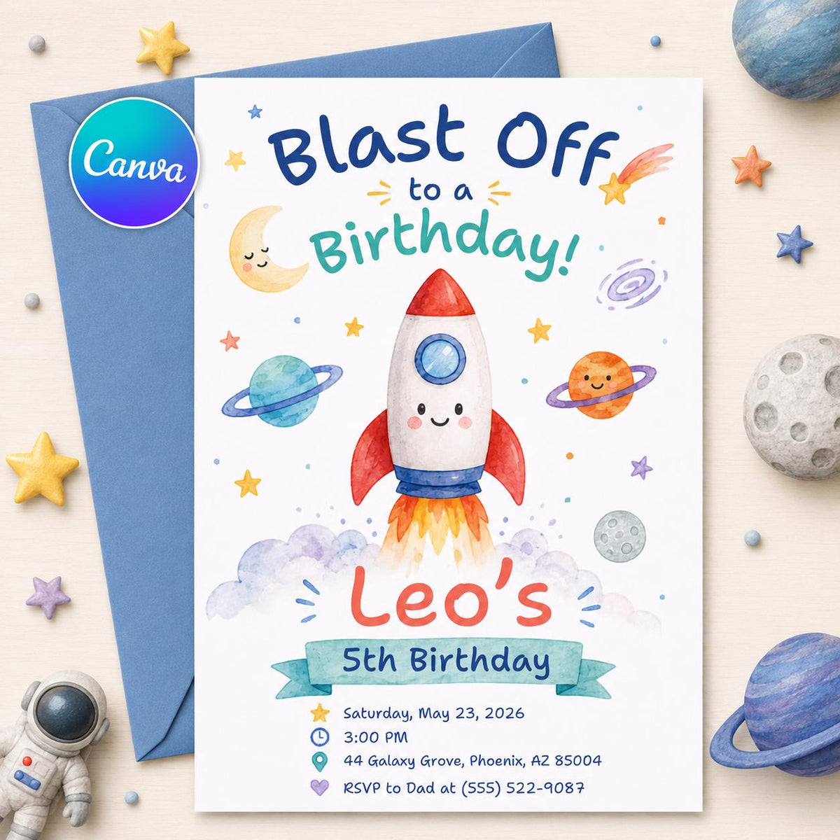 Space Birthday Invitation: Blast Off Rocket Party — editable Canva template